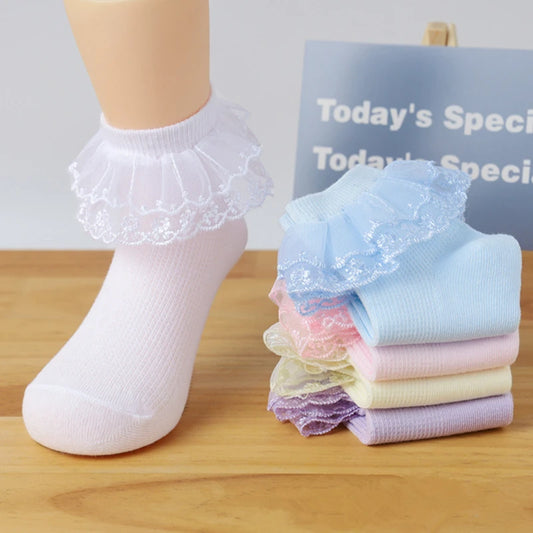 3 Pairs New Kids Lace Socks Spring Autumn Cotton Children Short Dance Socks Mesh White Flowers Ruffle Frilly Gilrs Princess Sock