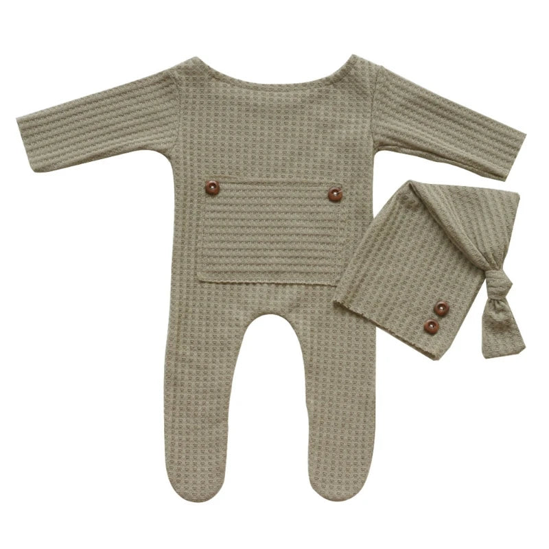 2 Pcs Baby Hat and Bodysuit Set - Newborn Photography Props with Knitted Long Tail Cap and Romper