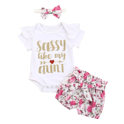 Newborn Baby Girls Clothes Sets 2023 Summer Short Sleeve Bowtie Romper+Shorts Dress+Headband Infant baby girl clothing outfit