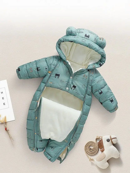 OLEKID 2024 Winter Baby Snowsuit Hooded Plus Velvet Warm Baby Girl Rompers Toddler Baby Boy Jumpsuit Infant Winter Overalls Coat