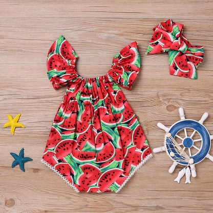 Kleinkind Baby Mädchen Strampler Niedlich Wassermelone Rüschen Kurzarm Body + Stirnband 2 stücke Outfits Sets Schöne Sommer Outfits