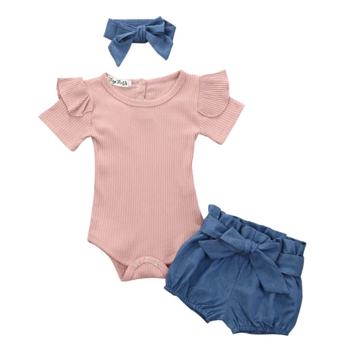 Newborn Baby Girls Clothes Sets 2023 Summer Short Sleeve Bowtie Romper+Shorts Dress+Headband Infant baby girl clothing outfit