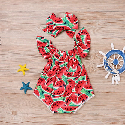 Toddler Infant Baby Girls Ropmers Cute Watermelon Ruffles Short Sleeve Bodysuit+Headband 2pcs Outfits Sets Lovely Summer Outfits