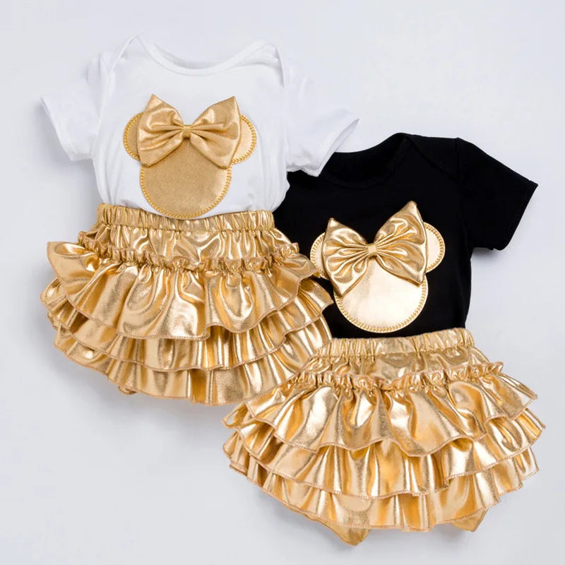 Newborn Baby Girls Clothes Sets 2023 Summer Short Sleeve Bowtie Romper+Shorts Dress+Headband Infant baby girl clothing outfit