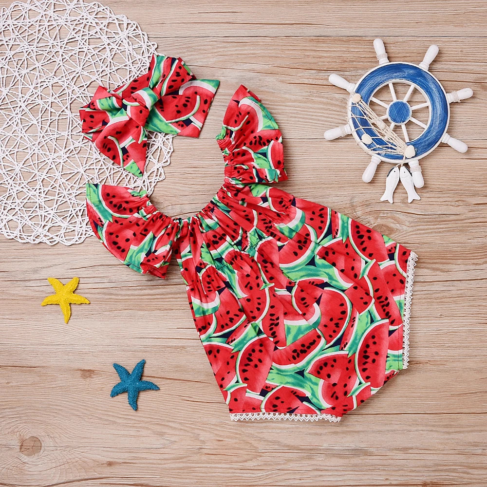 Kleinkind Baby Mädchen Strampler Niedlich Wassermelone Rüschen Kurzarm Body + Stirnband 2 stücke Outfits Sets Schöne Sommer Outfits