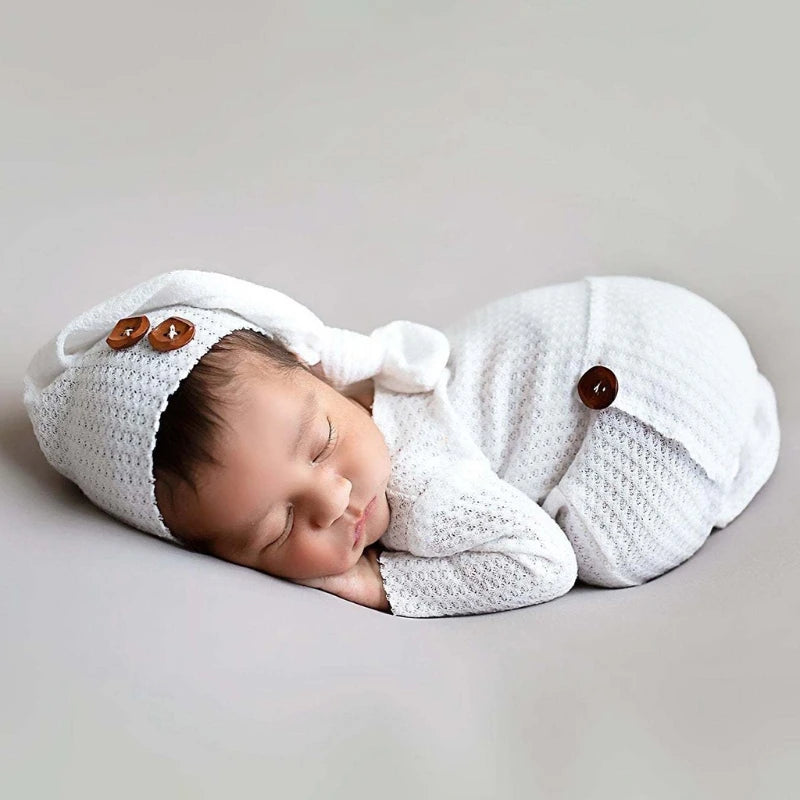 2 Pcs Baby Hut Body Set Neugeborenen Fotografie Requisiten Gestrickte Lange Schwanz Kappe Romper Overall Kit Kleinkinder Foto Schießen