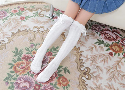 Spring Summer Girls Knee High Socks for Kids Children Bowknot Mesh Breathable Long Tall Socks White Gray Black Pink 3-12 Years