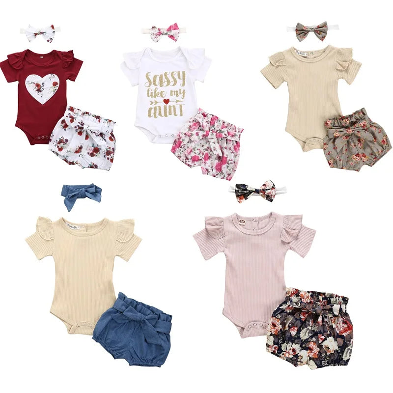 Neugeborenen Baby Mädchen Kleidung Sets 2023 Sommer Kurzarm Bowtie Romper + Shorts Kleid + Stirnband Infant baby mädchen kleidung outfit