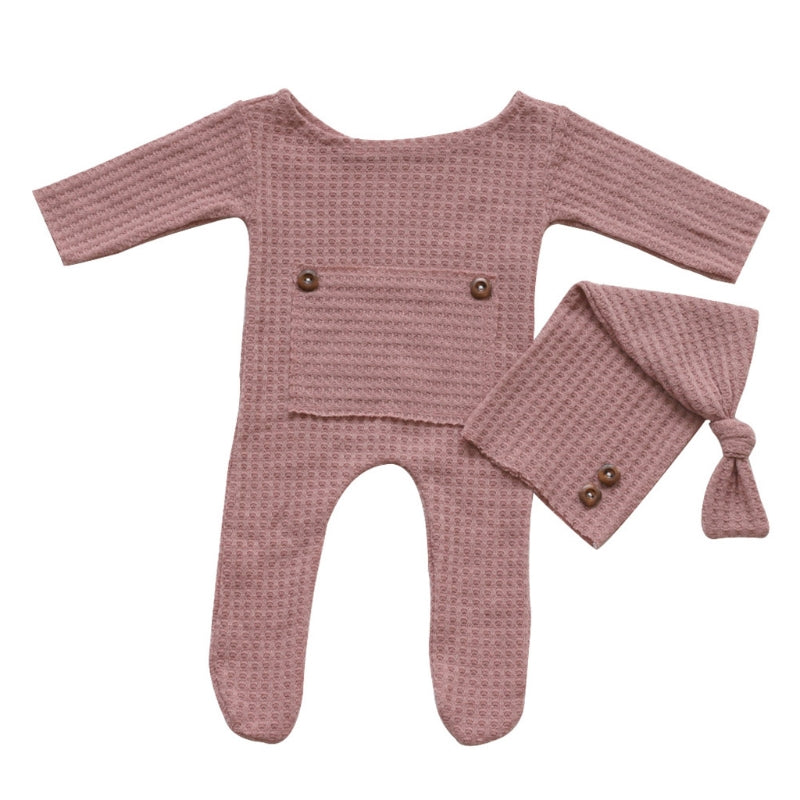 2 Pcs Baby Hat and Bodysuit Set - Newborn Photography Props with Knitted Long Tail Cap and Romper