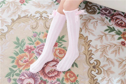 Spring Summer Girls Knee High Socks for Kids Children Bowknot Mesh Breathable Long Tall Socks White Gray Black Pink 3-12 Years