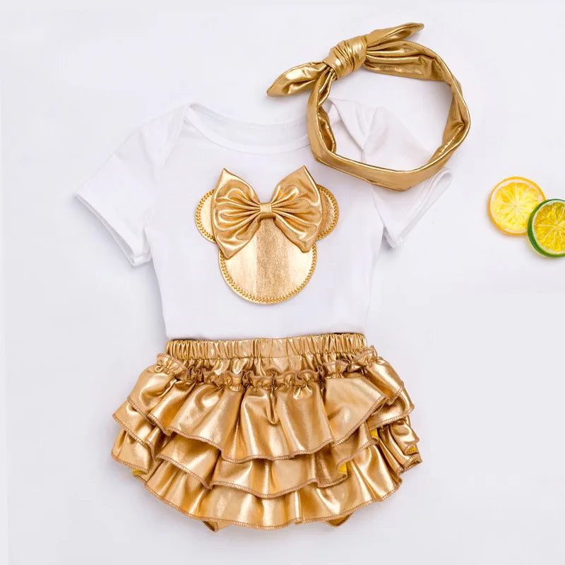 Newborn Baby Girls Clothes Sets 2023 Summer Short Sleeve Bowtie Romper+Shorts Dress+Headband Infant baby girl clothing outfit