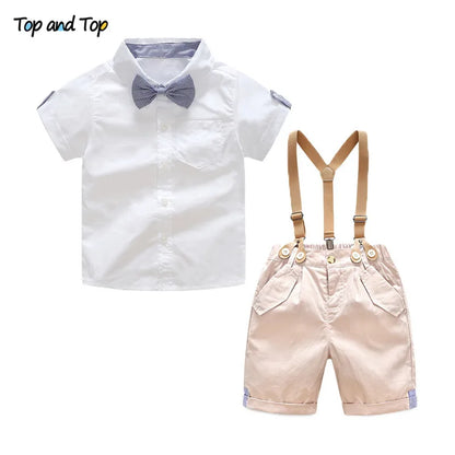 Top und Top Sommer Kleinkind Baby Jungen Kleidung Sets Kurzarm Fliege Hemd + Hosenträger Shorts Hose Formelle Gentleman Anzüge