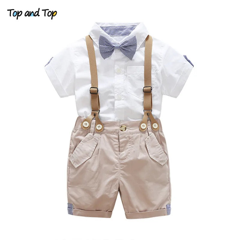 Top und Top Sommer Kleinkind Baby Jungen Kleidung Sets Kurzarm Fliege Hemd + Hosenträger Shorts Hose Formelle Gentleman Anzüge