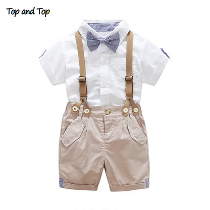 Top und Top Sommer Kleinkind Baby Jungen Kleidung Sets Kurzarm Fliege Hemd + Hosenträger Shorts Hose Formelle Gentleman Anzüge