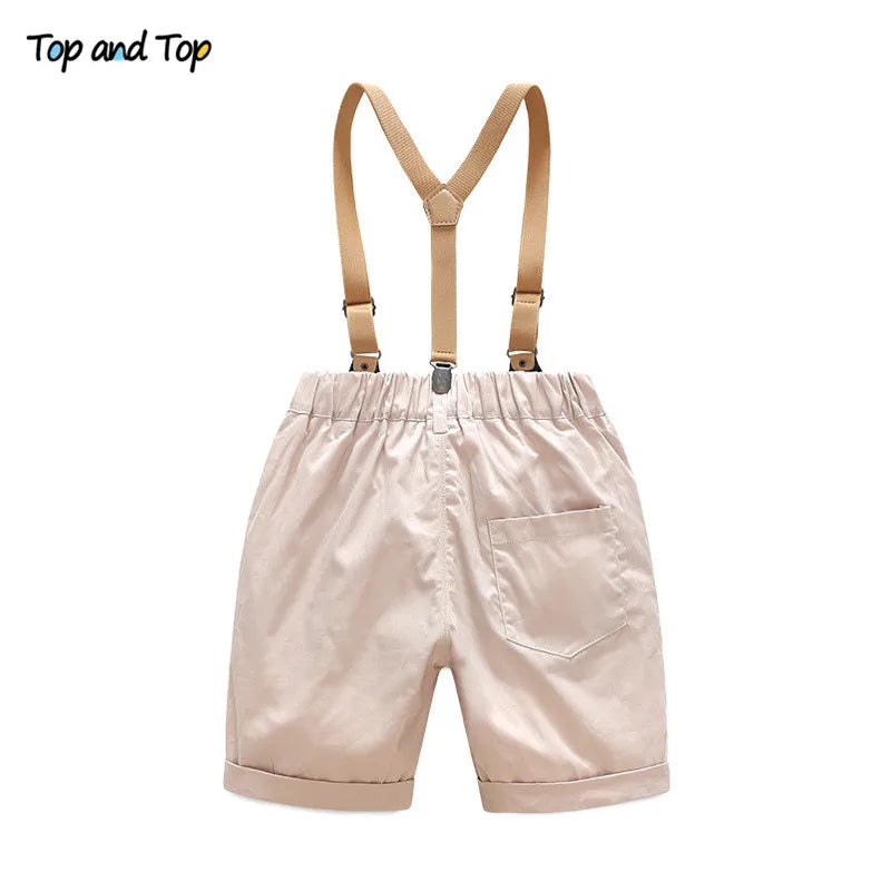 Top und Top Sommer Kleinkind Baby Jungen Kleidung Sets Kurzarm Fliege Hemd + Hosenträger Shorts Hose Formelle Gentleman Anzüge