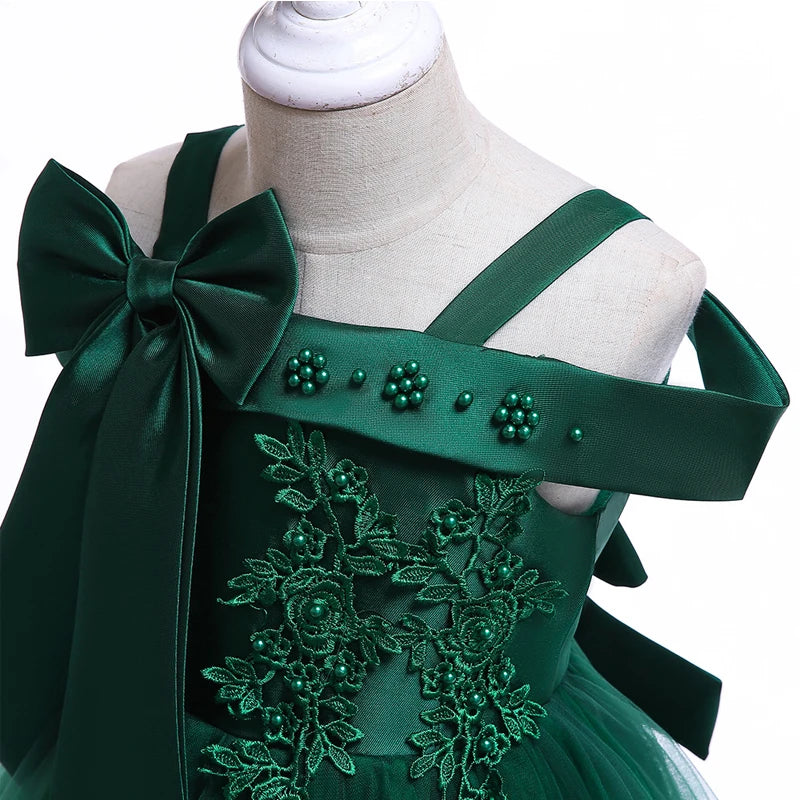 Green Christmas Princess Dress For Girl Children Costume Elegant Kids Wedding Birthday Prom Gown Bow Girls Party Dresses 3 10Y