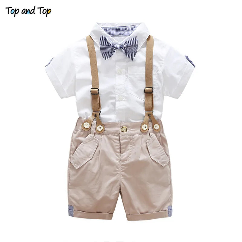 Top und Top Sommer Kleinkind Baby Jungen Kleidung Sets Kurzarm Fliege Hemd + Hosenträger Shorts Hose Formelle Gentleman Anzüge