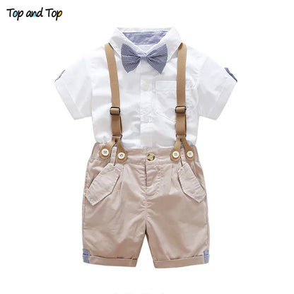 Top and Top Summer Toddler Baby Boys Clothing Sets Short Sleeve Bow Tie Shirt+Suspenders Shorts Pants Formal Gentleman Suits