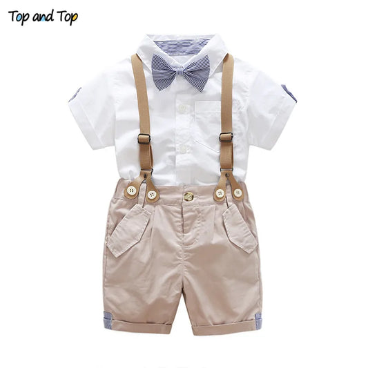 Top und Top Sommer Kleinkind Baby Jungen Kleidung Sets Kurzarm Fliege Hemd + Hosenträger Shorts Hose Formelle Gentleman Anzüge