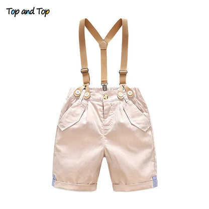 Top und Top Sommer Kleinkind Baby Jungen Kleidung Sets Kurzarm Fliege Hemd + Hosenträger Shorts Hose Formelle Gentleman Anzüge