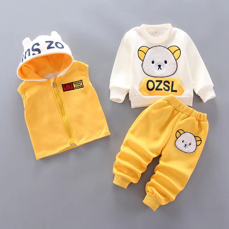 2024 jungen Set Mädchen Baumwolle Dicke Warme Casual Mit Kapuze Pullover Anzug Herbst Winter Kinder Cartoon Niedliche Bär Drei-Stück 0-5Y