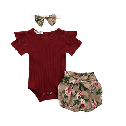 Newborn Baby Girls Clothes Sets 2023 Summer Short Sleeve Bowtie Romper+Shorts Dress+Headband Infant baby girl clothing outfit