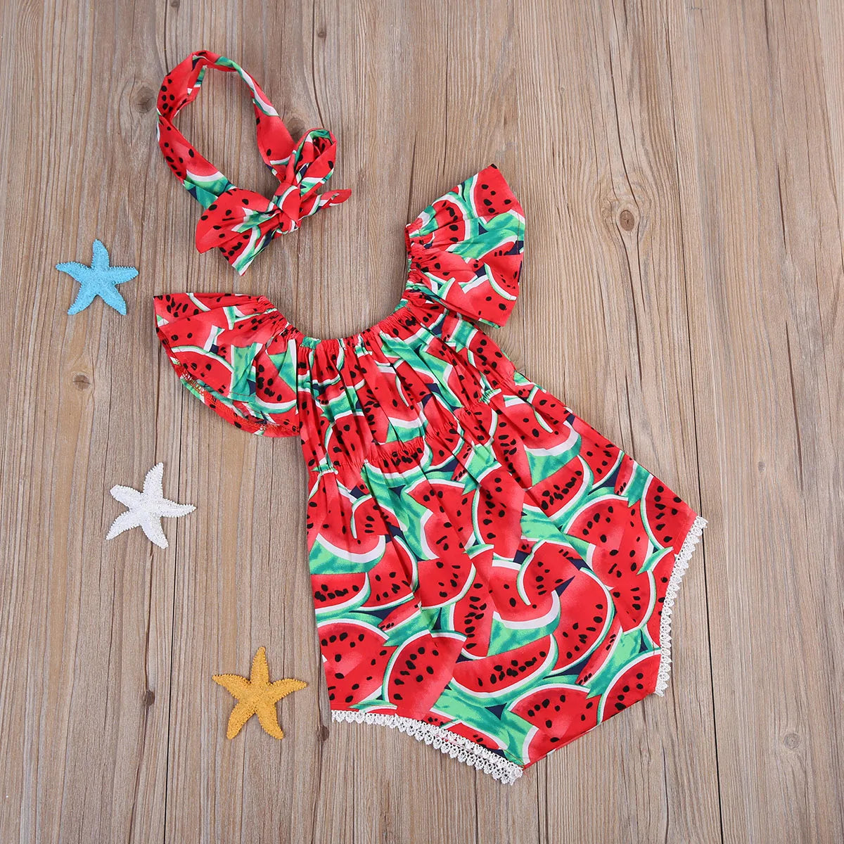 Kleinkind Baby Mädchen Strampler Niedlich Wassermelone Rüschen Kurzarm Body + Stirnband 2 stücke Outfits Sets Schöne Sommer Outfits