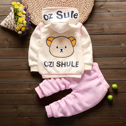 2024 Boys and Girls Cartoon Bear Three-Piece Hooded Sweater Set - Thick Cotton Casual Suit (0-5 Years)