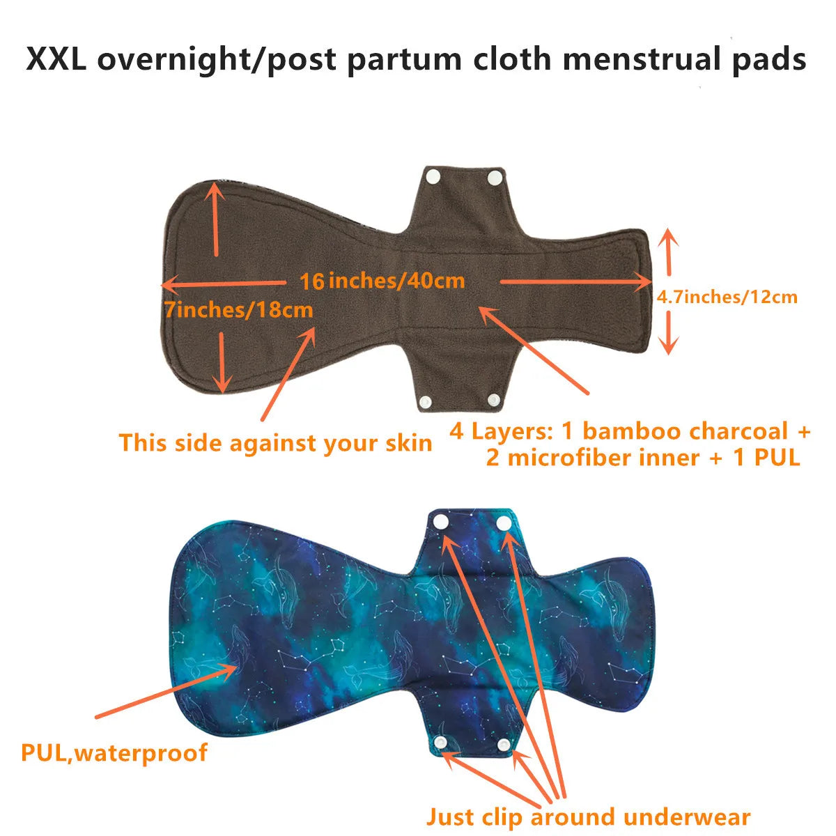 [Sigzagor] Neue XXL-Stoff-Menstruationsbinde aus Bambuskohle, wiederverwendbar, über Nacht nach der Geburt, 16 Zoll