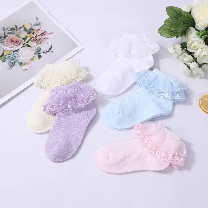 3 Pairs New Kids Lace Socks Spring Autumn Cotton Children Short Dance Socks Mesh White Flowers Ruffle Frilly Gilrs Princess Sock