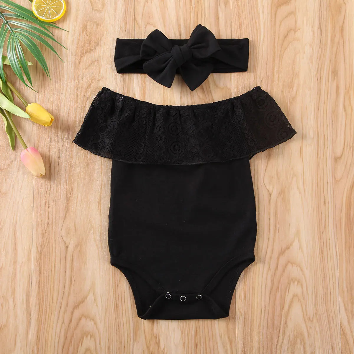 Pudcoco Neugeborenen Baby Mädchen Kleidung Off schulter Romper Stirnband 2PCS Outfit Schwarz Spitze Romper Overall