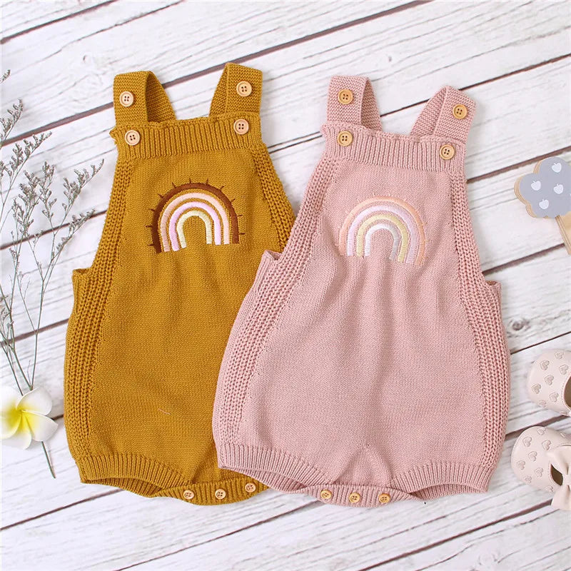 Citgeett Sommer Neugeborenen Baby Mädchen Ärmellose Overall Gestrickte Bestickte Regenbogen Grundlegende Bodysuit Ärmellose Rückenfreie Overalls