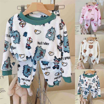 New 2024 Autumn Winter Kids Thicken Soft Flannel Pajamas Sets Baby Boys Girls Cartoon O-neck Pullover Warm Sleeping Sets Pyjamas