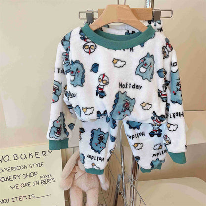 New 2024 Autumn Winter Kids Thicken Soft Flannel Pajamas Sets Baby Boys Girls Cartoon O-neck Pullover Warm Sleeping Sets Pyjamas