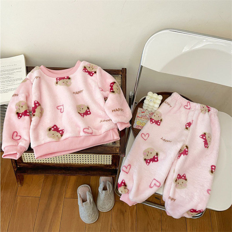 New 2024 Autumn Winter Kids Thicken Soft Flannel Pajamas Sets Baby Boys Girls Cartoon O-neck Pullover Warm Sleeping Sets Pyjamas