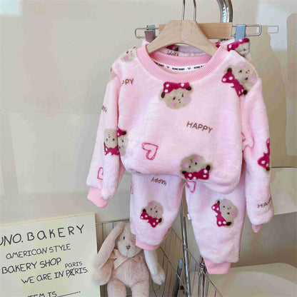 New 2024 Autumn Winter Kids Thicken Soft Flannel Pajamas Sets Baby Boys Girls Cartoon O-neck Pullover Warm Sleeping Sets Pyjamas