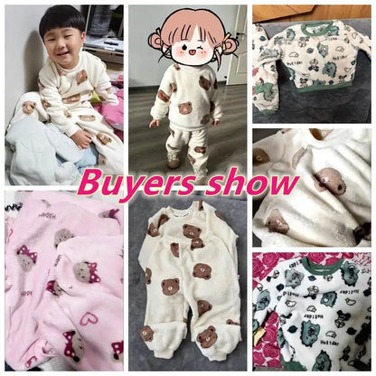 Neue 2024 Herbst Winter Kinder Verdicken Weich Flanell Pyjamas Sets Baby Jungen Mädchen Cartoon Oansatz Pullover Warme Schlaf Sets Pyjamas