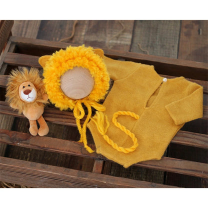 Newborn Photography Animal Costume Lion Doll Plush Hat Romper Tail 4pcs Outfits Boys Girls Infant Photo Shoot Prop Clothing