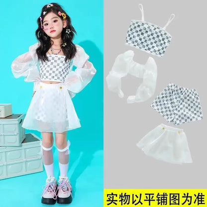 Kpop Mädchen Kleidung Jazz Dance Kostüm Weiß Leistung Anzug Hip Hop Modern Dance Outfit Kinder Bühne Tragen Mode Kleidung