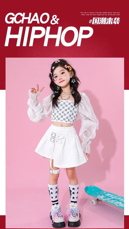 Kpop Mädchen Kleidung Jazz Dance Kostüm Weiß Leistung Anzug Hip Hop Modern Dance Outfit Kinder Bühne Tragen Mode Kleidung