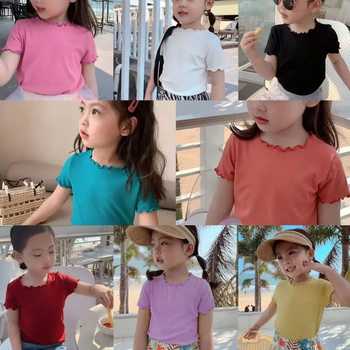 Baby Girls Short Sleeved T-Shirt 2024 Summer Kids Top Tees Baby Solid Color Shirts 1 To 8 Yrs Children's Clothing Korean Style