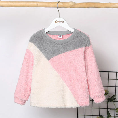 PatPat Kid Girl Sweet Colorblock Fleece Pullover Sweatshirt Soft and Comfortable  Perfect for Outings and Daily Wear