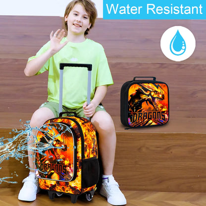 3Pcs Dragon Rolling Backpack for Boys, Kids School Backpacks with Wheels, Roller Bookbag with Lunch Box for Elementary