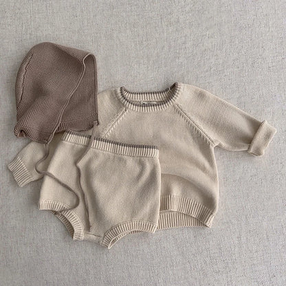 Korean Style Newborn Baby Boys Girls Clothing Set Long Sleeve Solid Color Knitted Pullover+Shorts Autumn Spring Clothes Suit