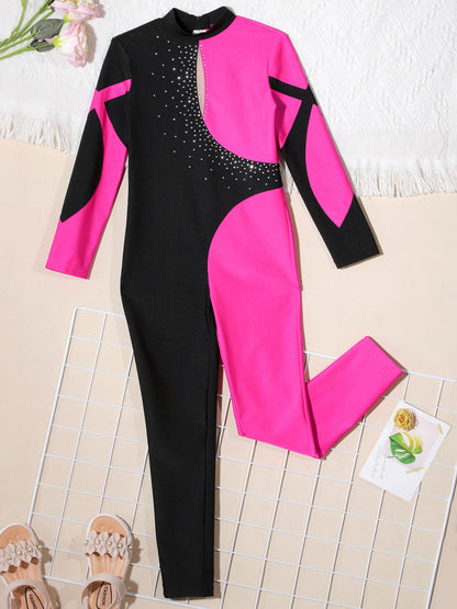 Kids Girls Long Sleeve Shiny Rhinestone Color Block Leotards Dance Gymnastic Jumpsuit for Yoga Unitards Biketards Sports Workout