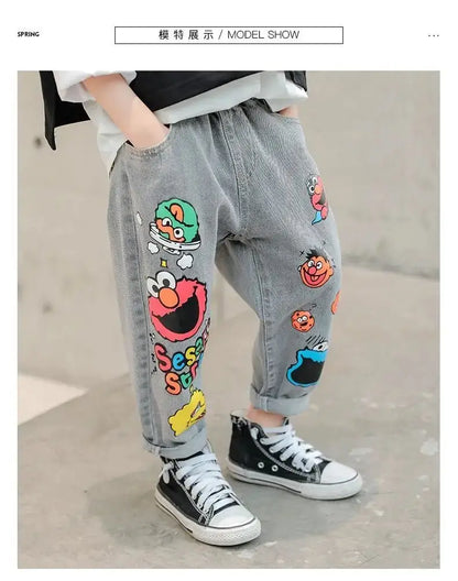 Boys' Jeans Spring and Autumn New Funny Head Medium and Big Children's Casual Children's Clothing Spring Loose Long Pants