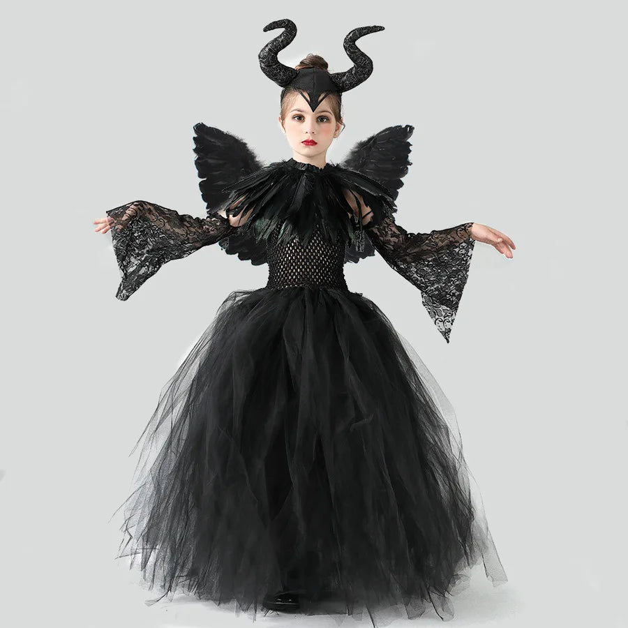 2024 Halloween Cospaly Hexe Mädchen Kostüm Kleid Deluxe Vestidos Party Kleid Kleid Kinder Dämon Königin Hexe Kleidung