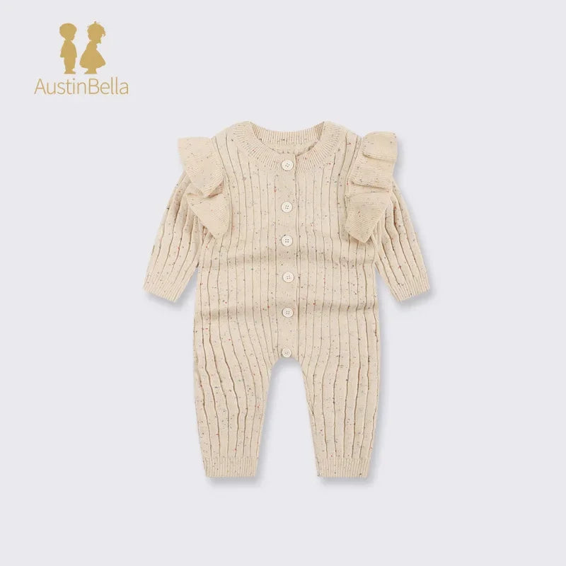 Baby Sweater Jumpsuit Knitted Ruffled Button Up Long Sleeve Solid Baby Rompers Toddlers Girls Outfit Newborn Baby Clothes