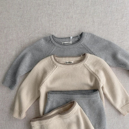 Korean Style Newborn Baby Boys Girls Clothing Set Long Sleeve Solid Color Knitted Pullover+Shorts Autumn Spring Clothes Suit