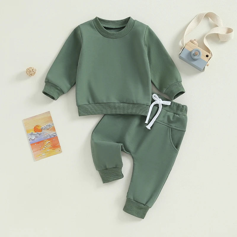 Baby Boys Girls Autumn Clothes Newborn Toddler Long Sleeve Solid Color Tops Sweatshirt Pants Outfits Infant Tracksuits